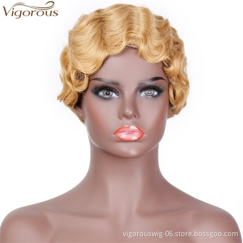 Vigorous Wholesale Price Cheap Short Pixie Cut Brown Wig for Black Women Wave Synthetic Wigs High Temperature
